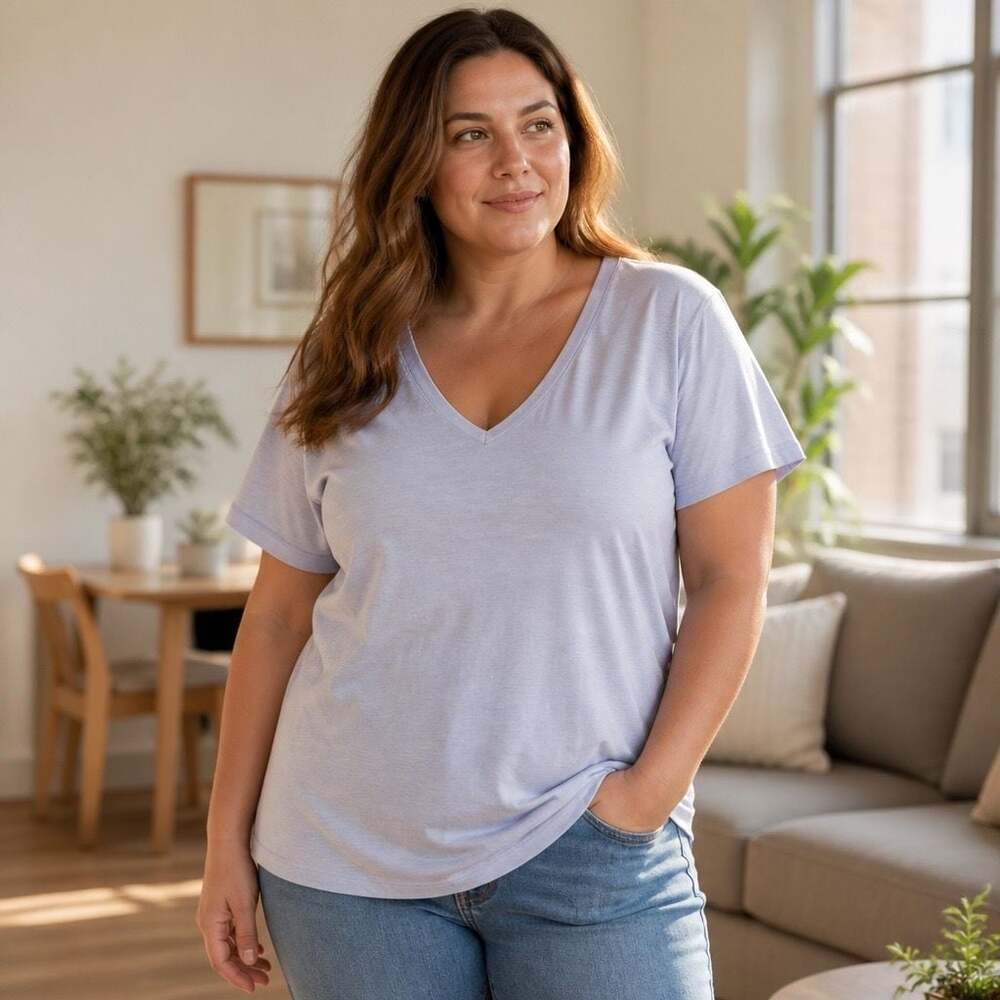 Eileen Fisher Woman Organic Cotton V-Neck Short Sleeve T-Shirt Light Blue 2X